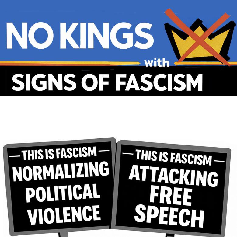 Two protest signs that say Signs of Fascism